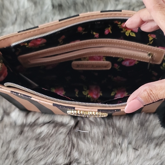 Betsey Johnson Black and Gold Striped Clutch with Heart Accent - Picture 7 of 11